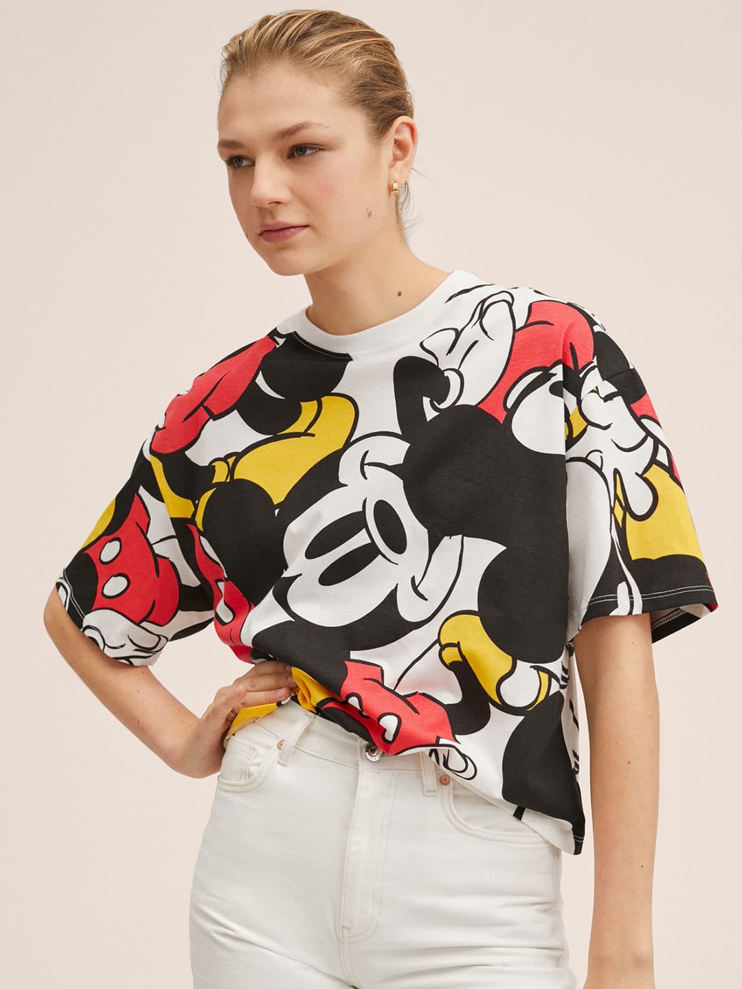 

MANGO Women White & Black Mickey Mouse Printed Drop-Shoulder Sleeves T-shirt