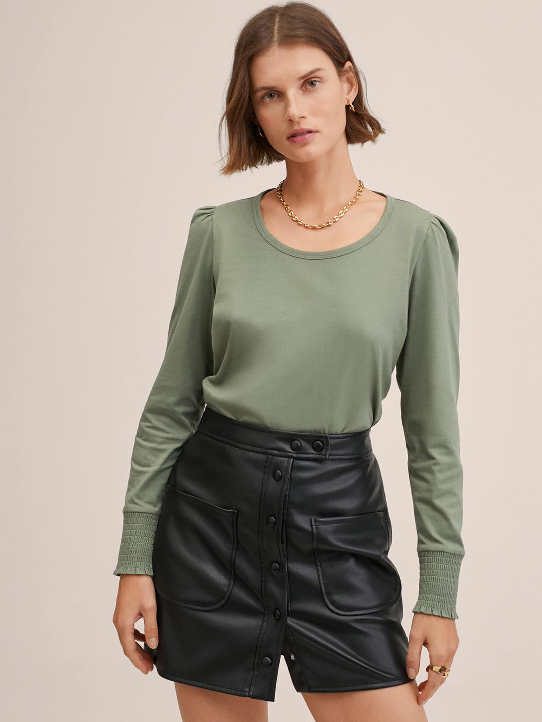 

MANGO Women Olive Green Puff Sleeves Pure Cotton T-shirt
