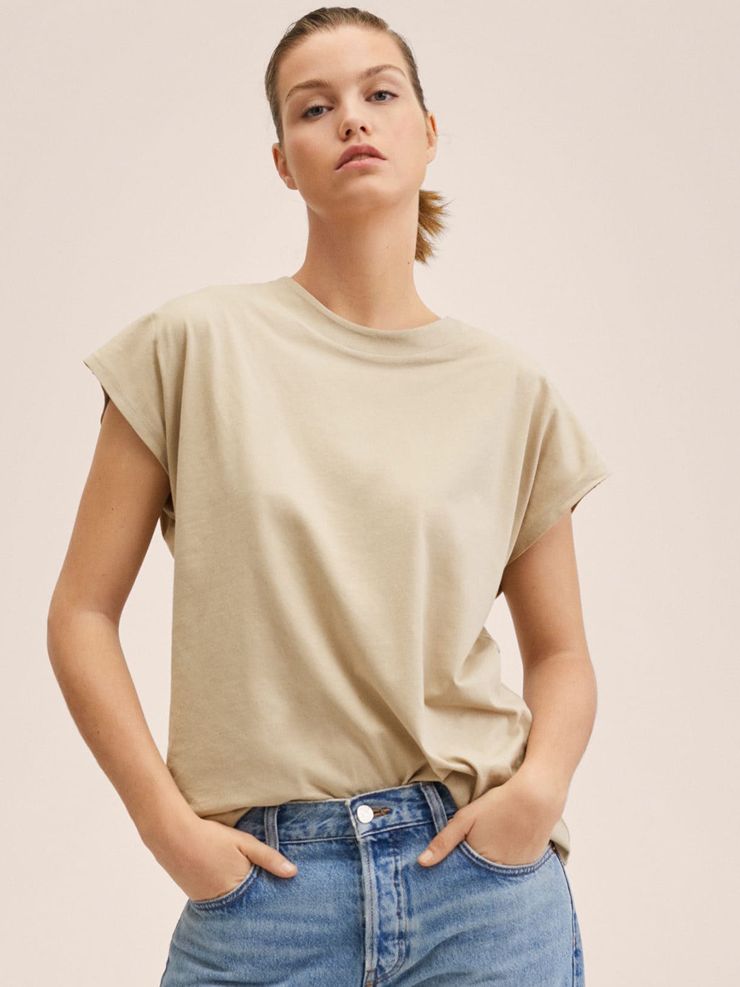 

MANGO Women Beige Solid Cotton Extended Sleeves T-shirt, Taupe
