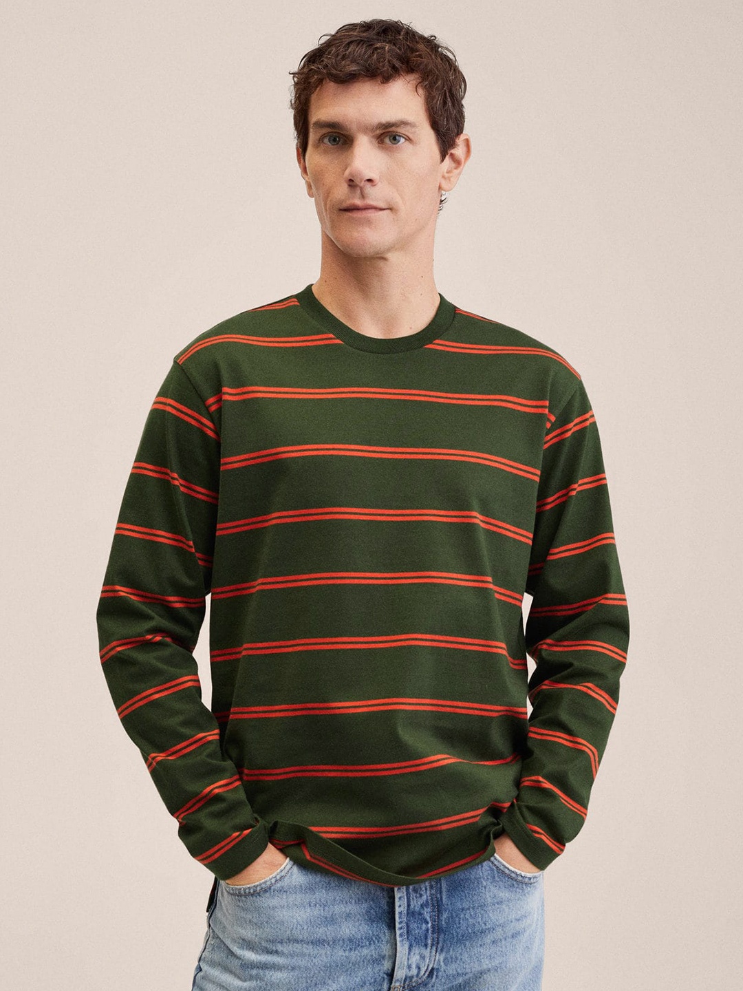 

MANGO MAN Men Olive Green & Orange Striped Pure Cotton T-shirt