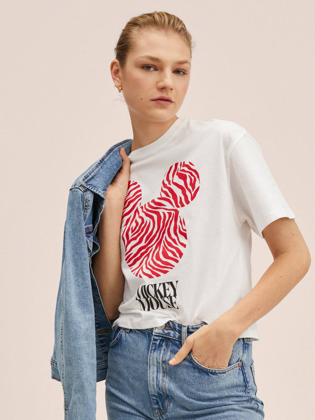

MANGO Women White & Red Mickey Mouse Printed Pure Cotton T-shirt