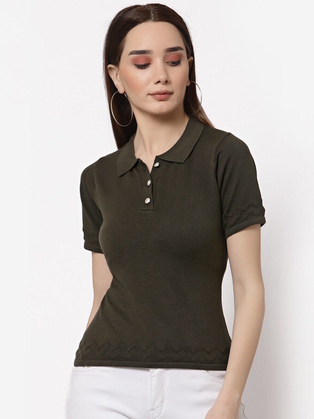 

Miramor Women Olive Green Polo Collar T-shirt