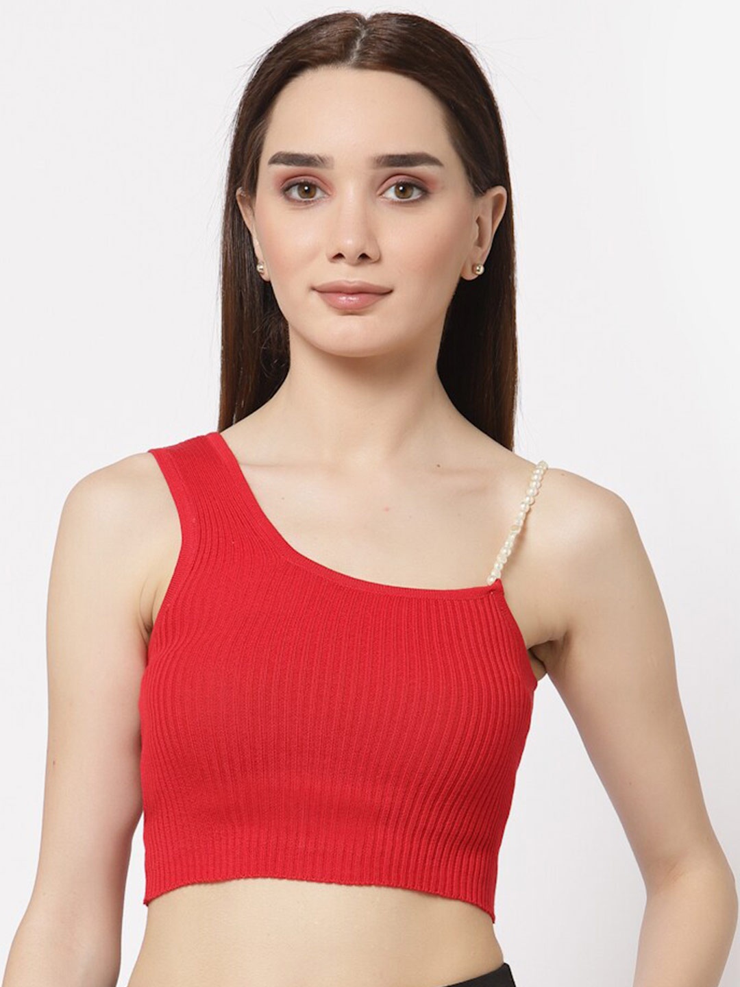 

Miramor Red One Shoulder Pearls Embellished Crop Top