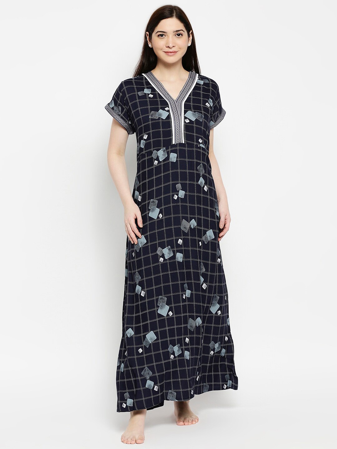 

Pretty Awesome Navy Blue Printed Maxi Nightdress