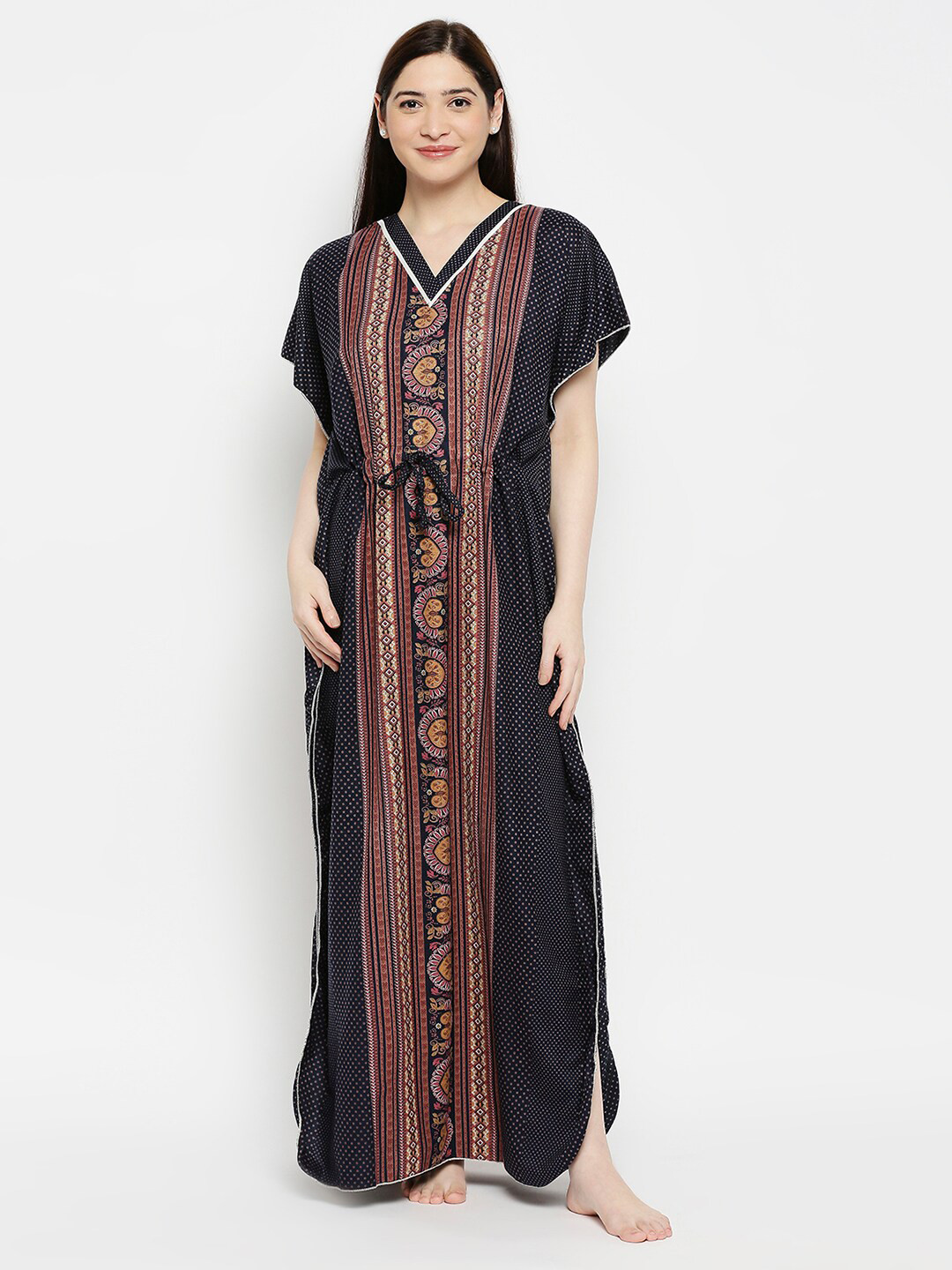 

Pretty Awesome Women Navy Blue Printed Kaftan Cotton Maxi Nightdress