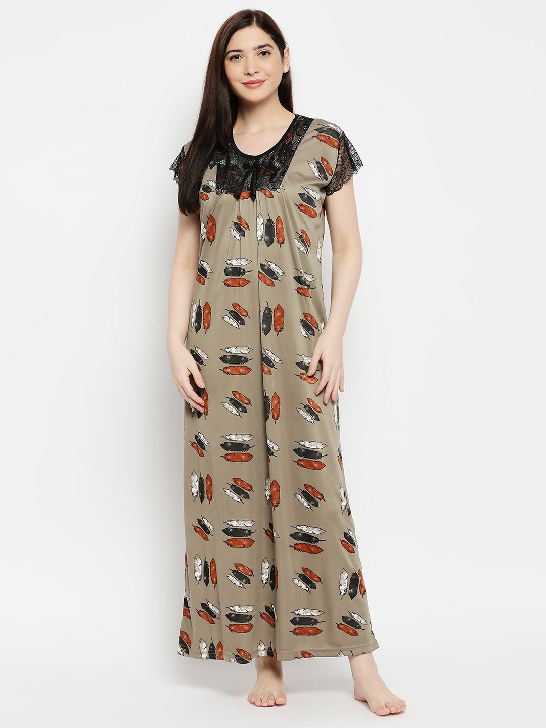 

Pretty Awesome Beige Printed Maxi Nightdress