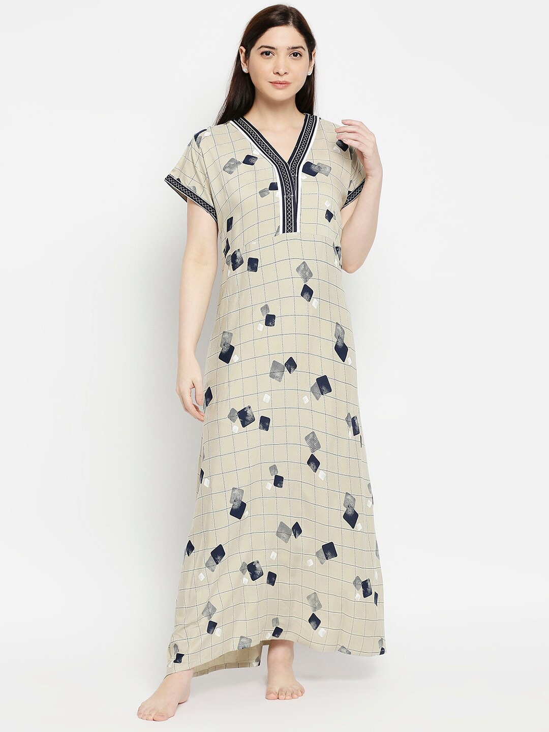 

Pretty Awesome Women Beige Printed Cotton Maxi Nightdress