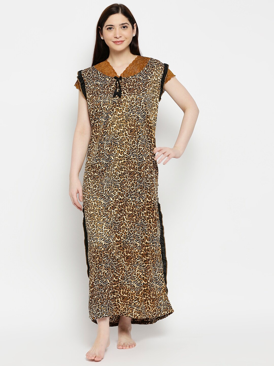 

Pretty Awesome Beige & Brown Animal Printed Maxi Nightdress