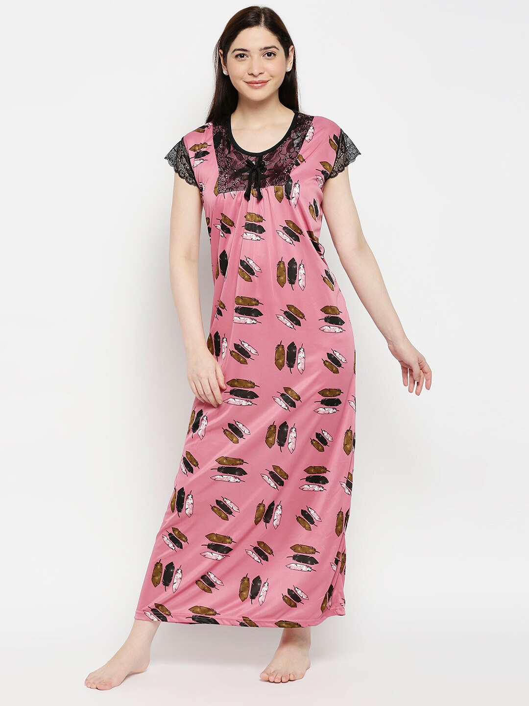 

Pretty Awesome Pink & Black Printed Lace Maxi Nightdress