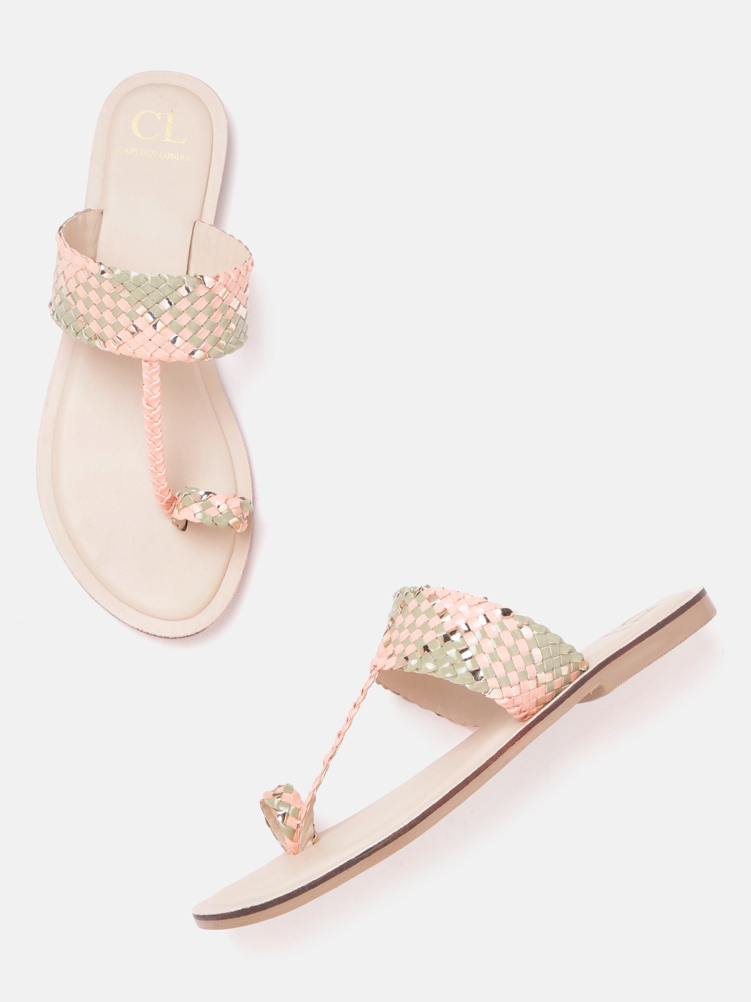 

Carlton London Women Pink & Mint Green Basket Woven Design One Toe Flats