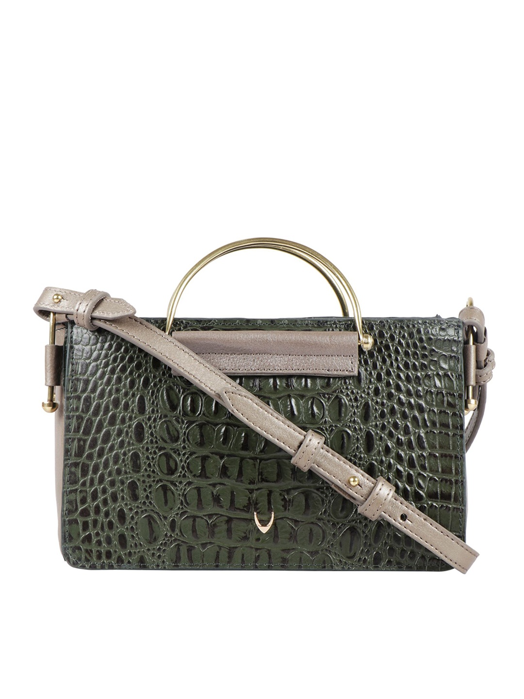 

Hidesign Green Textured Leather Swagger Handheld Bag with Cut Work