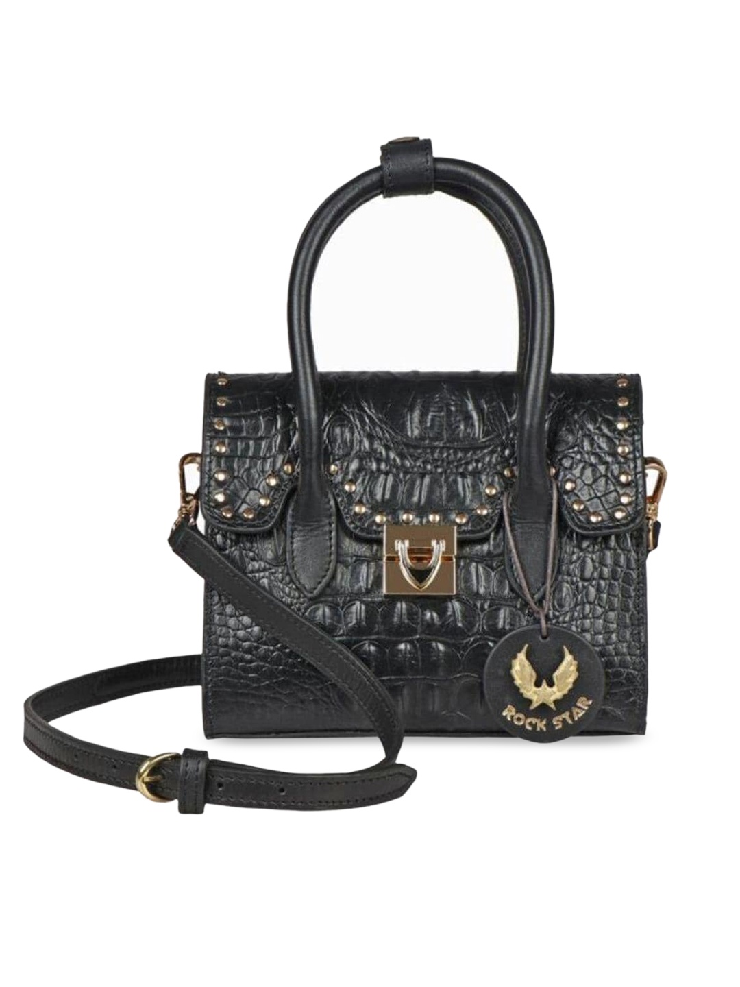 

Hidesign Women Black Animal Textured Leather Structured Satchel