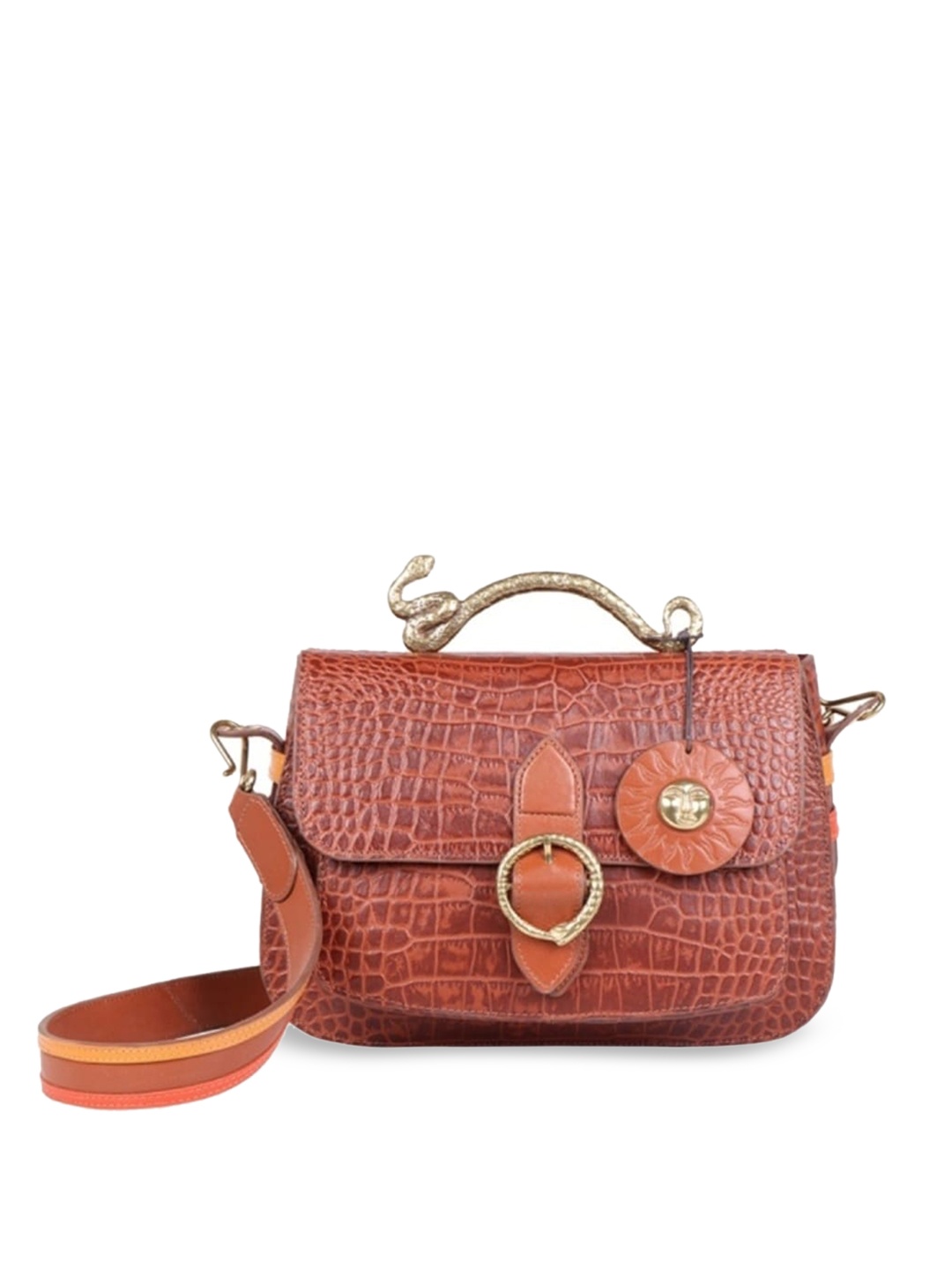 

Hidesign Tan Textured Leather Structured Sling Bag with Bow Detail