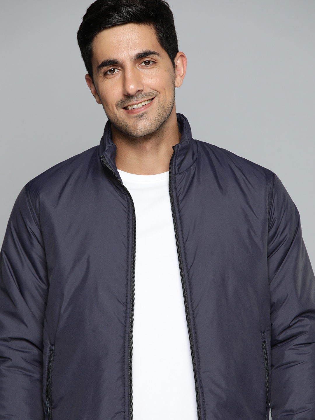 

HERE&NOW Men Navy Blue Solid Bomber Jacket