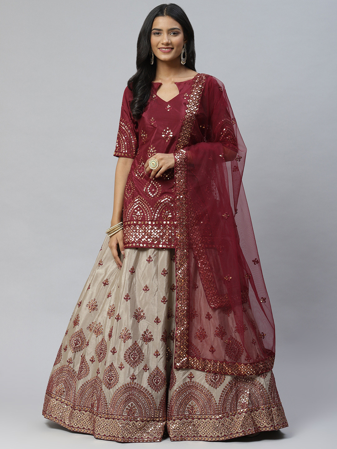 

SHUBHKALA Beige & Maroon Embroidered Thread Work Semi-Stitched Lehenga & Unstitched Blouse With Dupatta