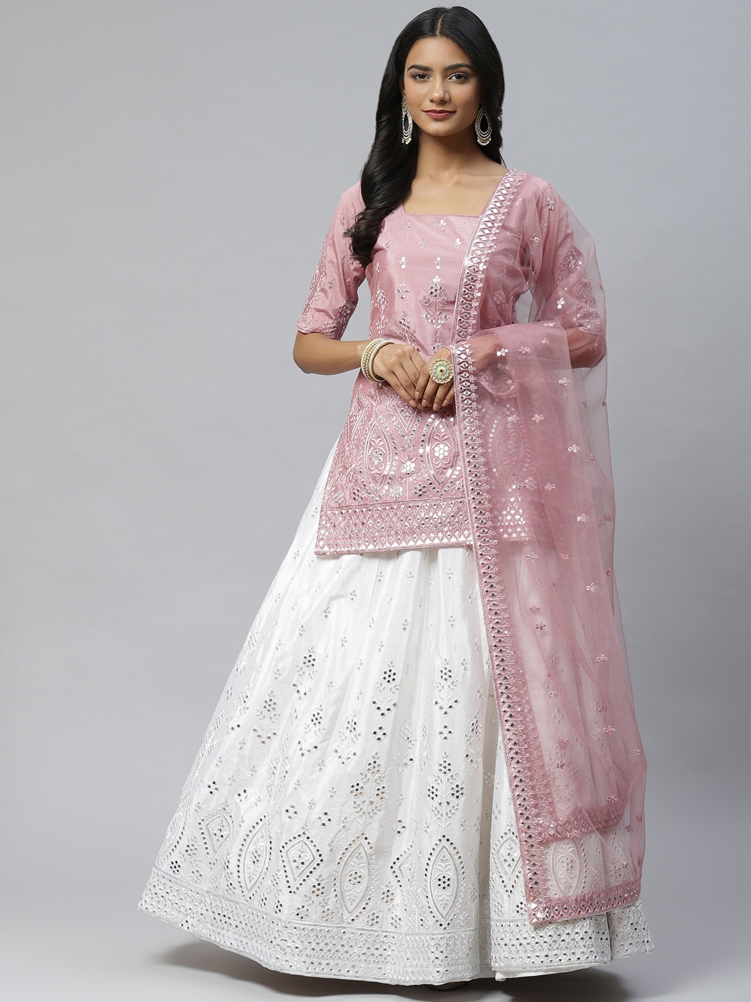 

SHUBHKALA White & Pink Embroidered Mirror Work Semi-Stitched Lehenga & Unstitched Blouse With Dupatta