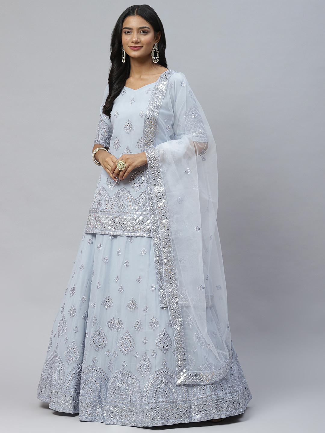 

SHUBHKALA Blue Embroidered Mirror Work Semi-Stitched Lehenga & Unstitched Blouse With Dupatta