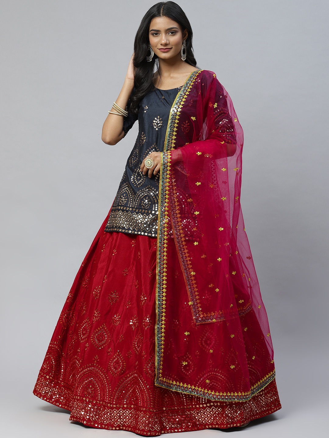 

SHUBHKALA Red & Black Embroidered Thread Work Semi-Stitched Lehenga & Unstitched Blouse With Dupatta