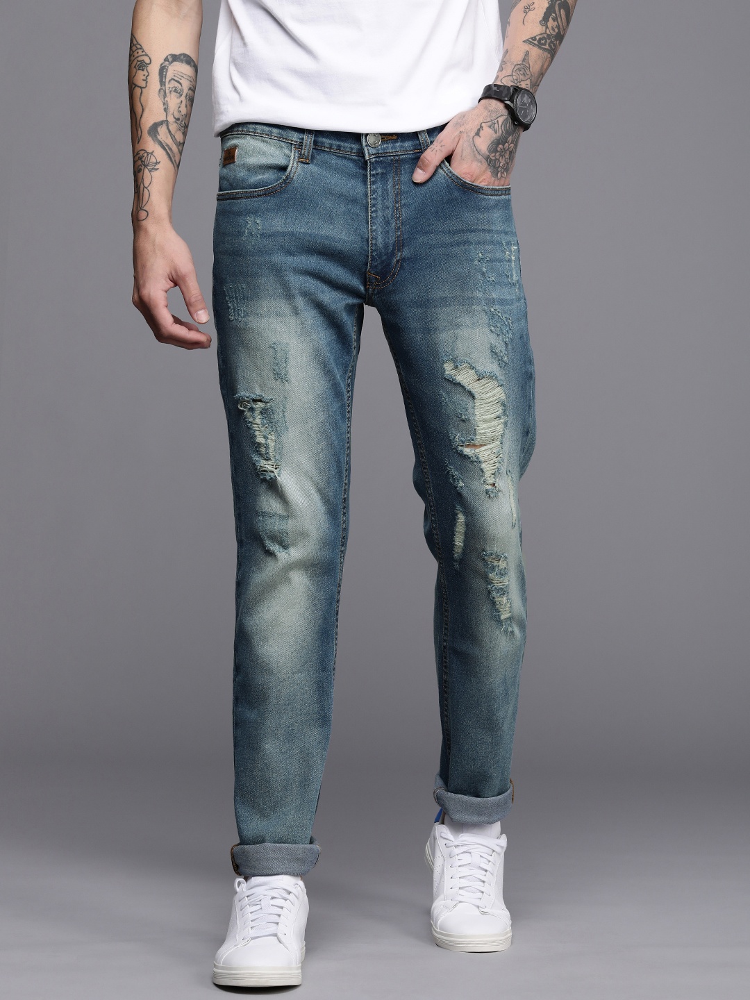 

WROGN Men Blue Straight Fit Highly Distressed Heavy Fade Stretchable Jeans