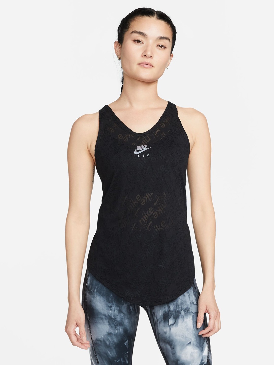 

Nike Women Black Brand Logo Self- Design Lace detail Tank Top