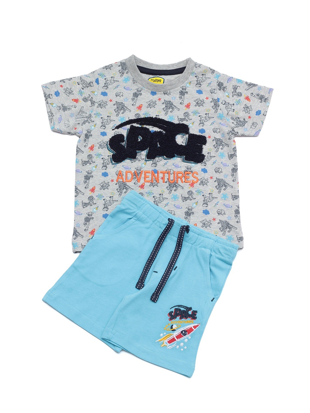 

Lil Lollipop Boys Grey & Blue Printed Pure Cotton T-shirt with Shorts