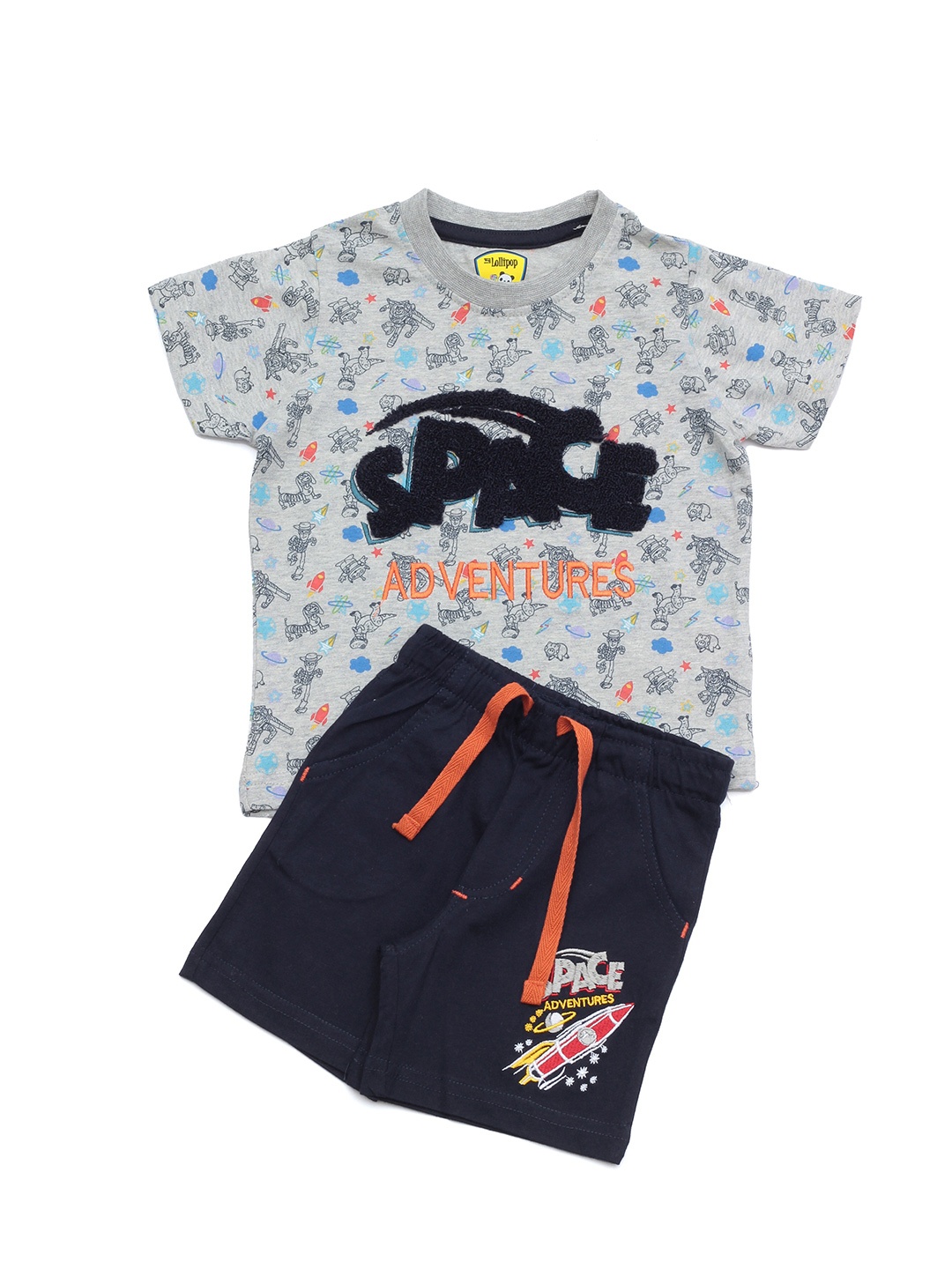 

Lil Lollipop Boys Grey & Navy Blue Printed T-shirt with Shorts