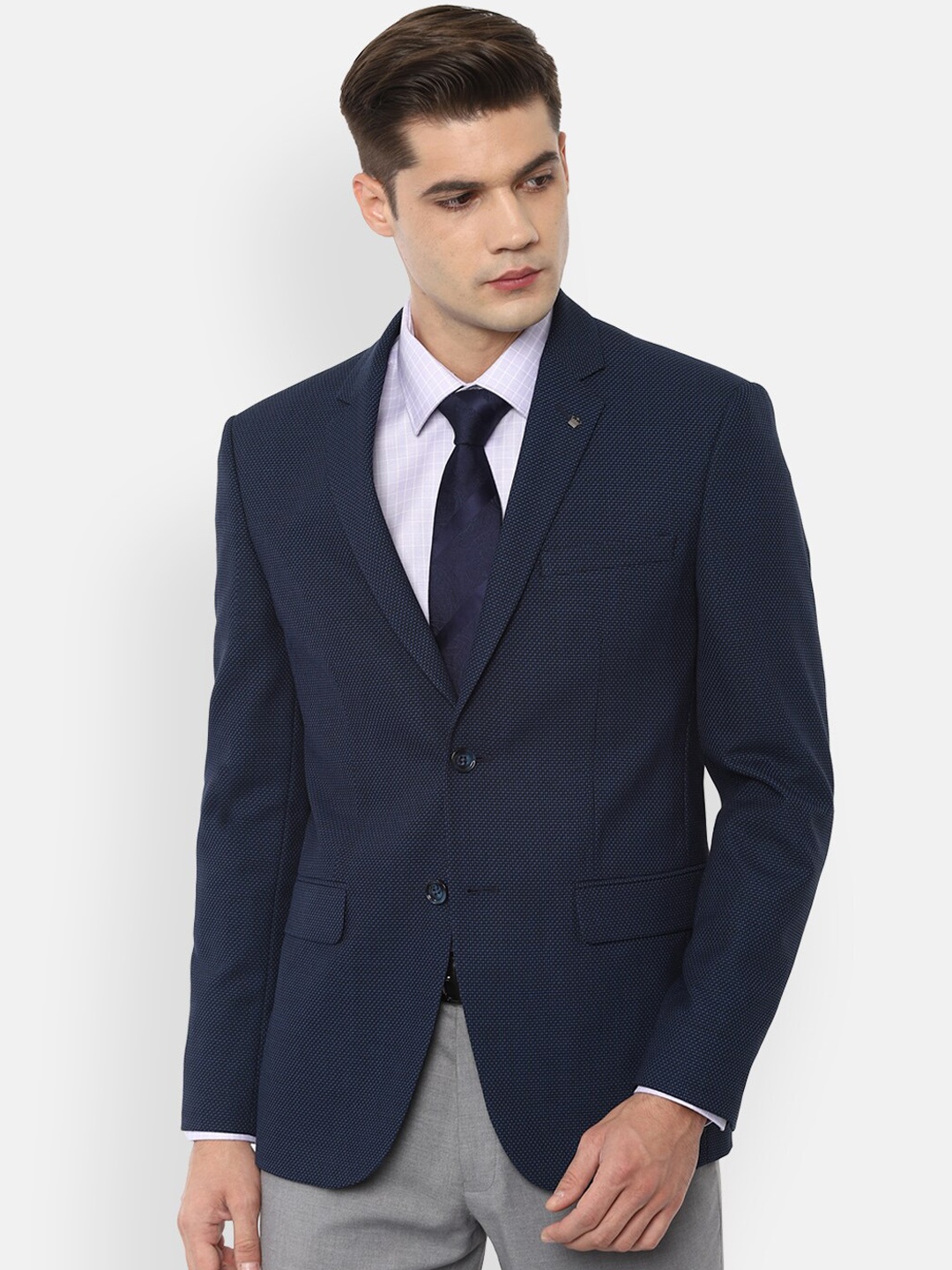 

Louis Philippe Men Navy Blue Pure Cotton Single-Breasted Slim-Fit Formal Blazers