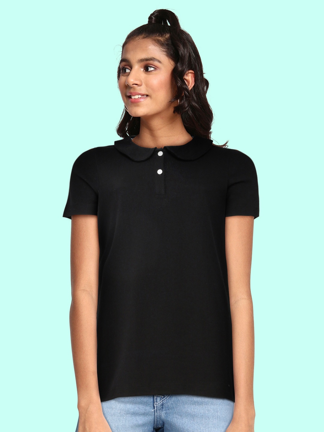 

METRO KIDS COMPANY Girls Black Polo Collar T-shirt