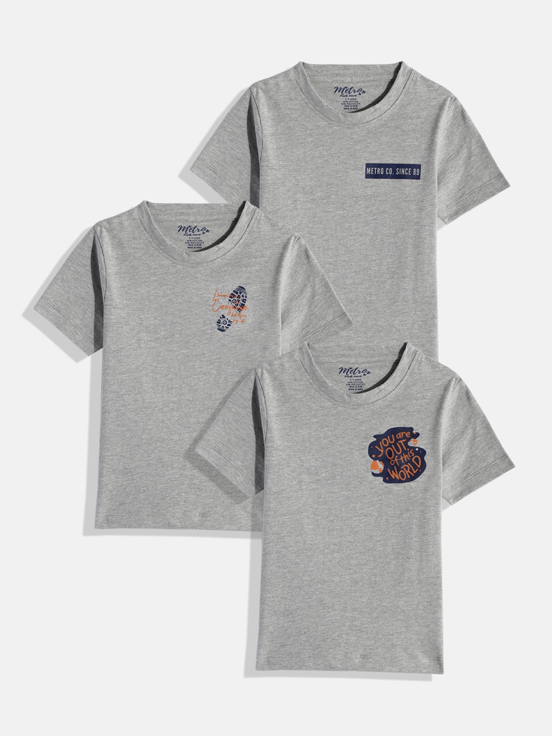 

METRO KIDS COMPANY Boys Pack of 3 Printed T-shirts, Grey