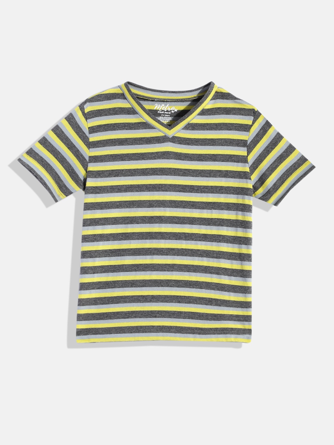 

METRO KIDS COMPANY Boys Grey & Yellow Striped V-Neck T-shirt