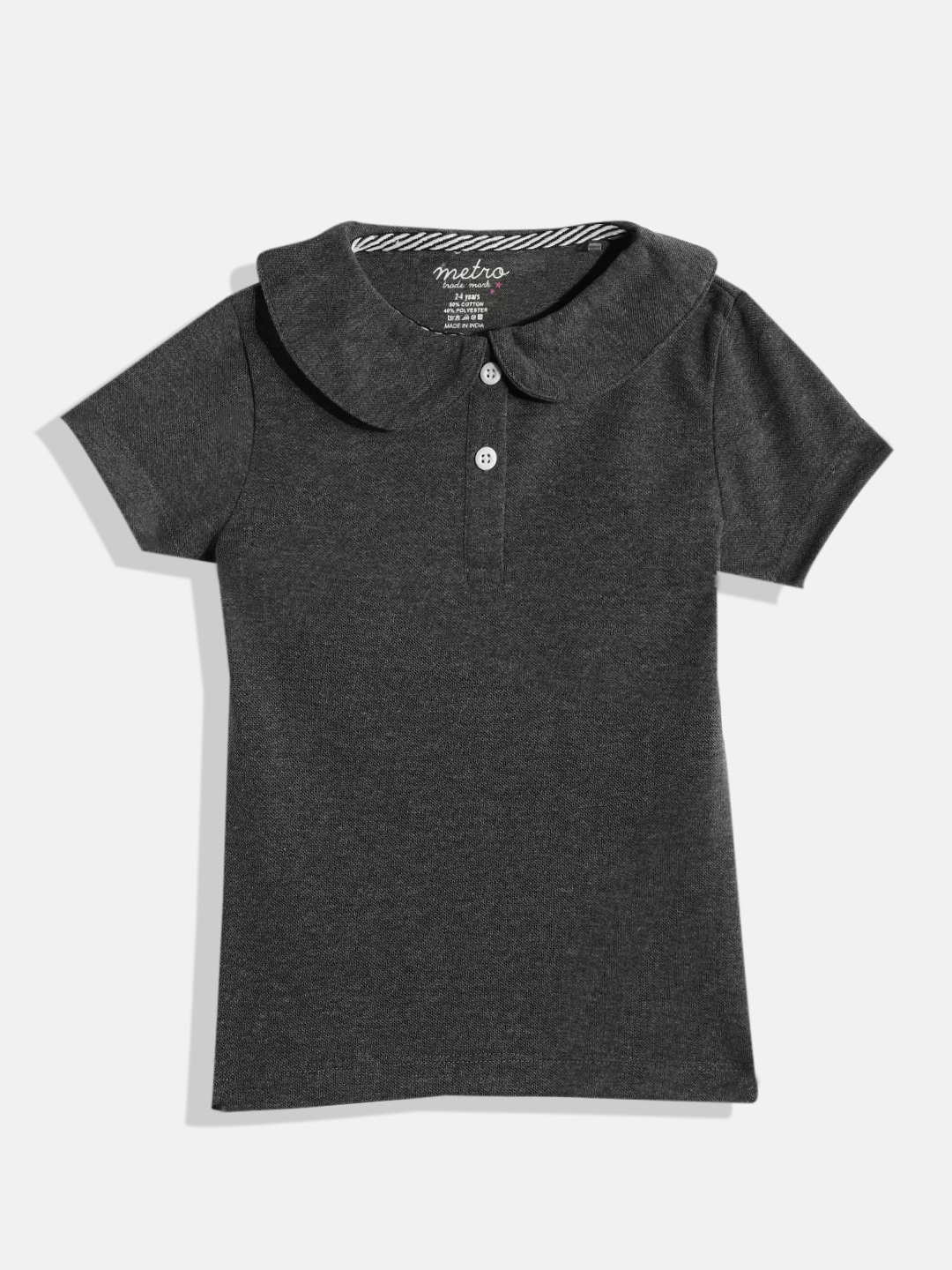 

METRO KIDS COMPANY Girls Grey Melange Polo Collar T-shirt