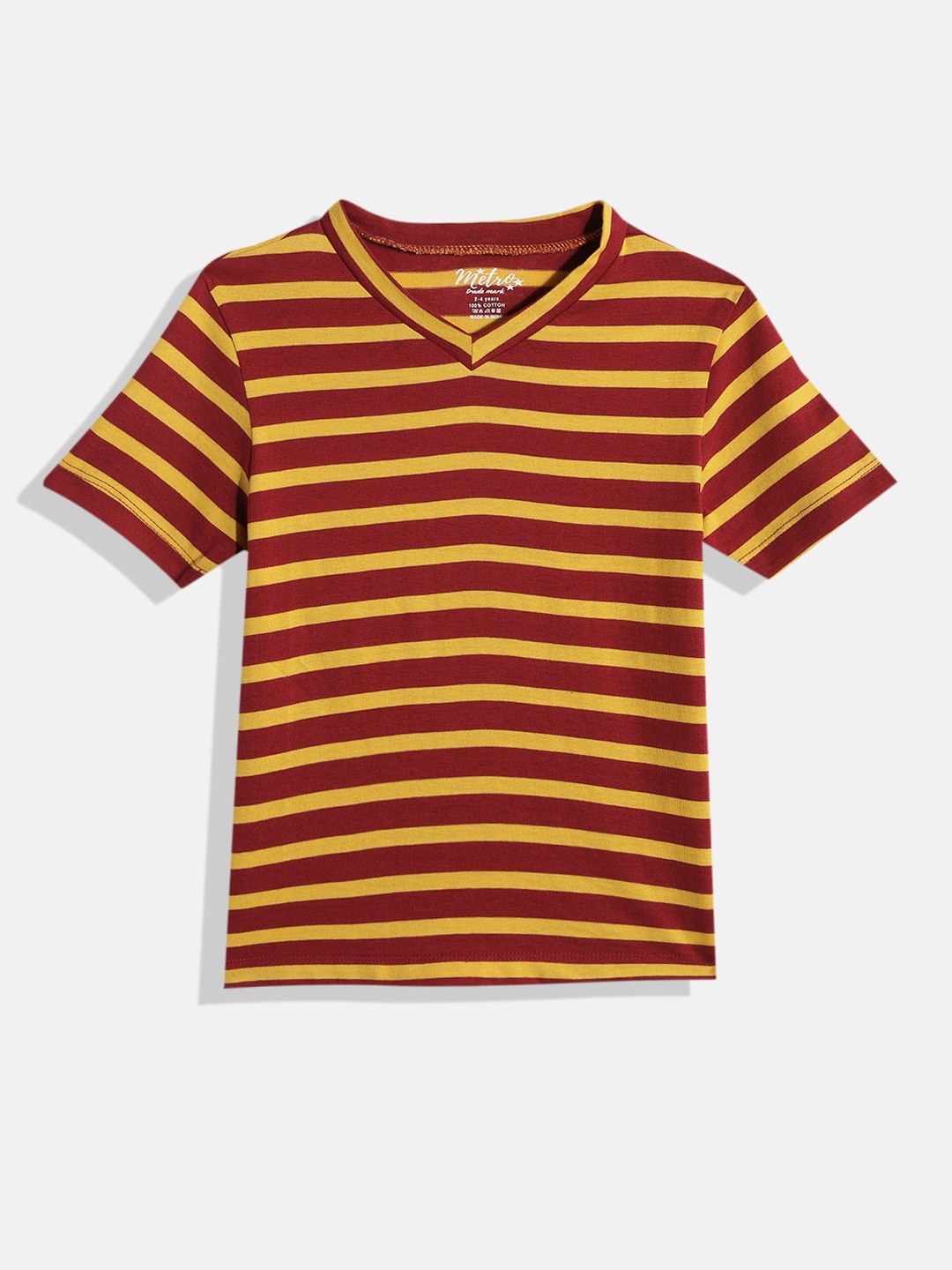

METRO KIDS COMPANY Boys Yellow & Red Striped V-Neck T-shirt