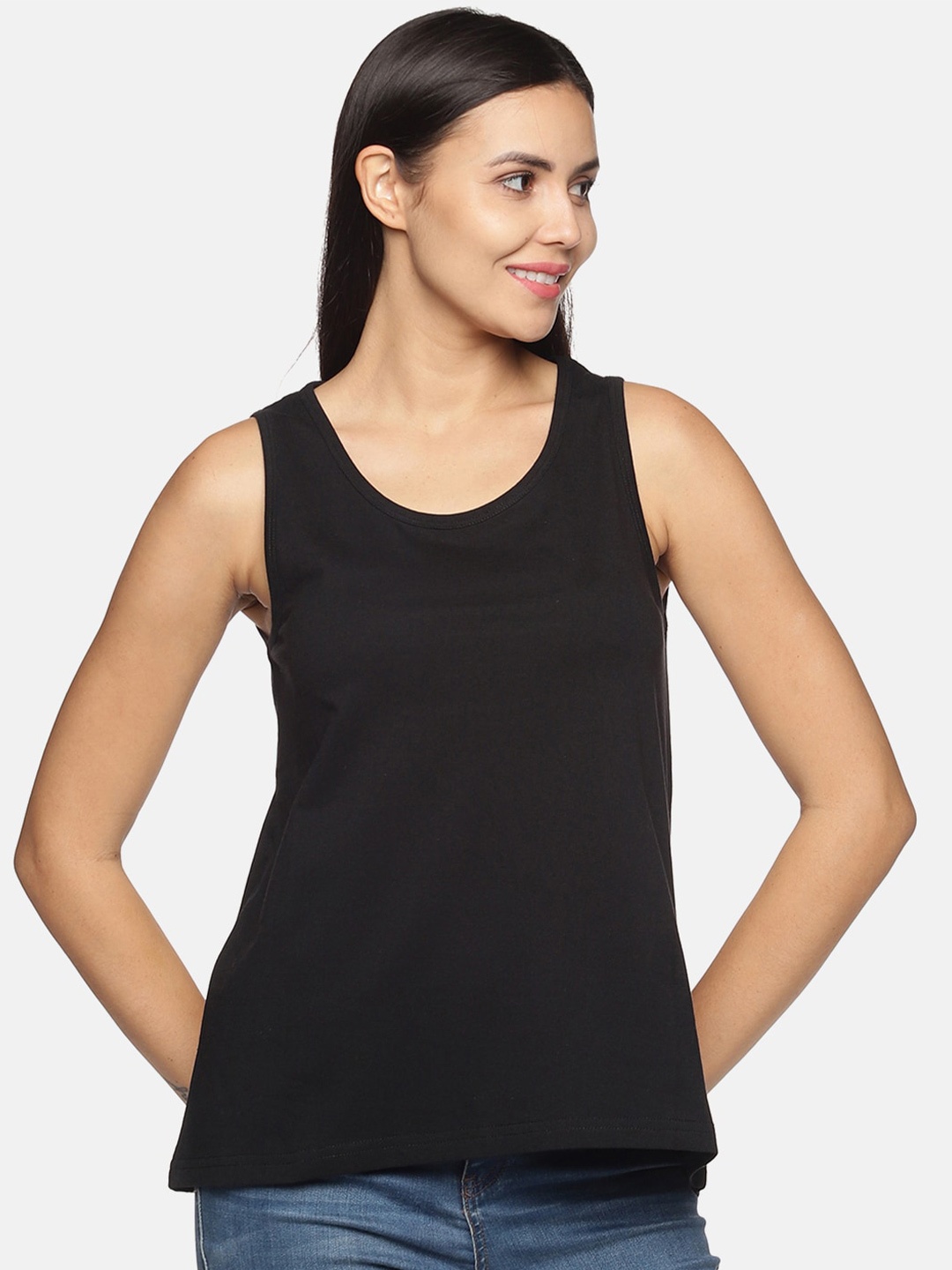 

BEVERLY BLUES Women Black Solid Cotton Tank Top