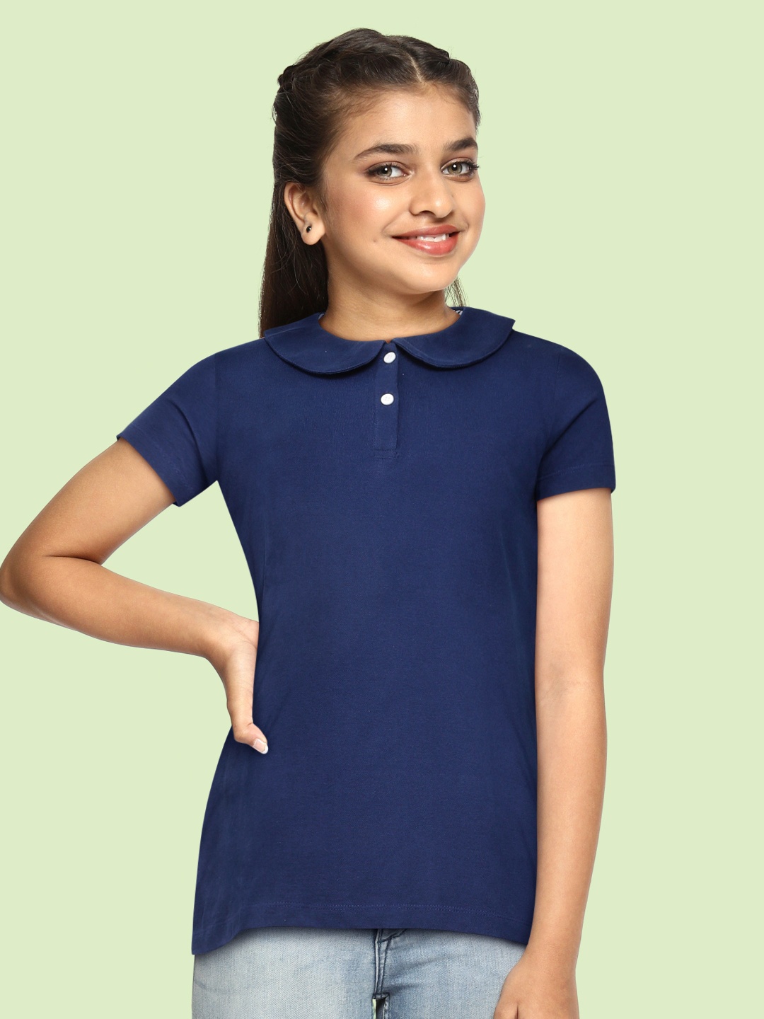 

METRO KIDS COMPANY Girls Navy Blue Polo Collar T-shirt