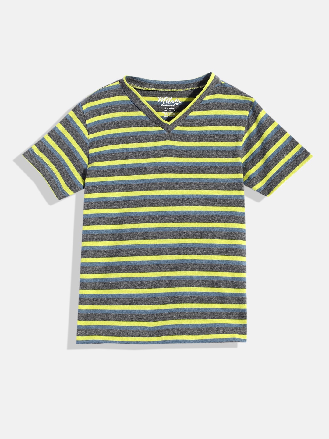 

METRO KIDS COMPANY Boys Grey & Yellow Striped V-Neck T-shirt