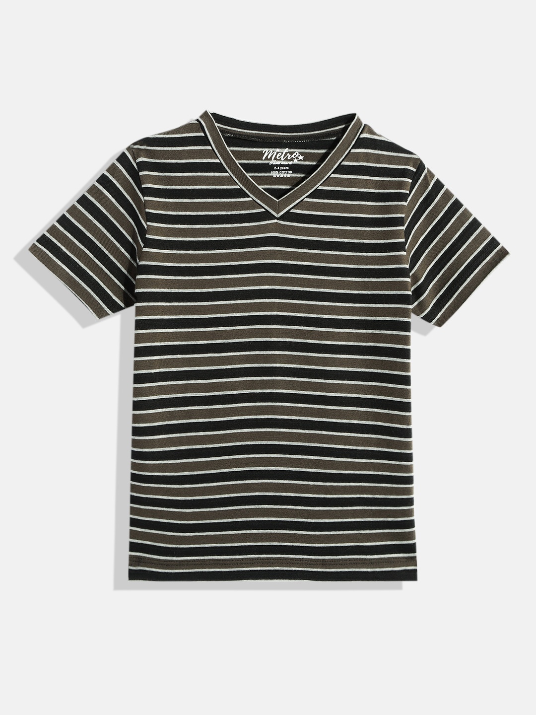 

METRO KIDS COMPANY Boys Black & Olive Green Striped V-Neck T-shirt