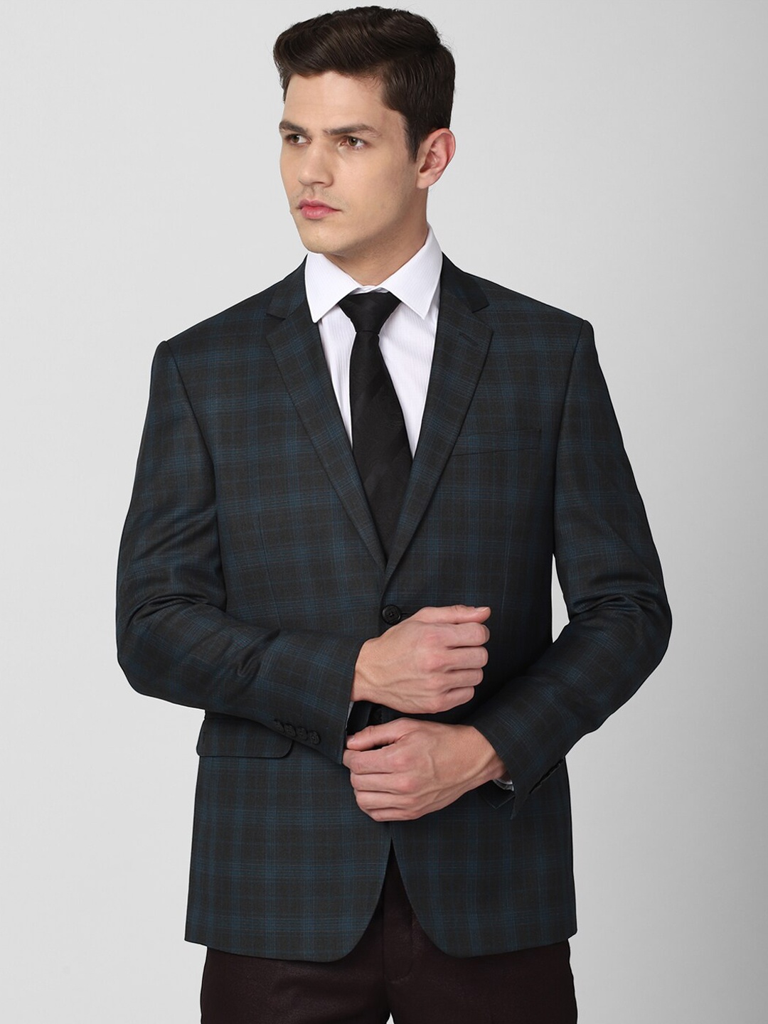 

Van Heusen Men Grey Checked Slim-Fit Single-Breasted Formal Blazer