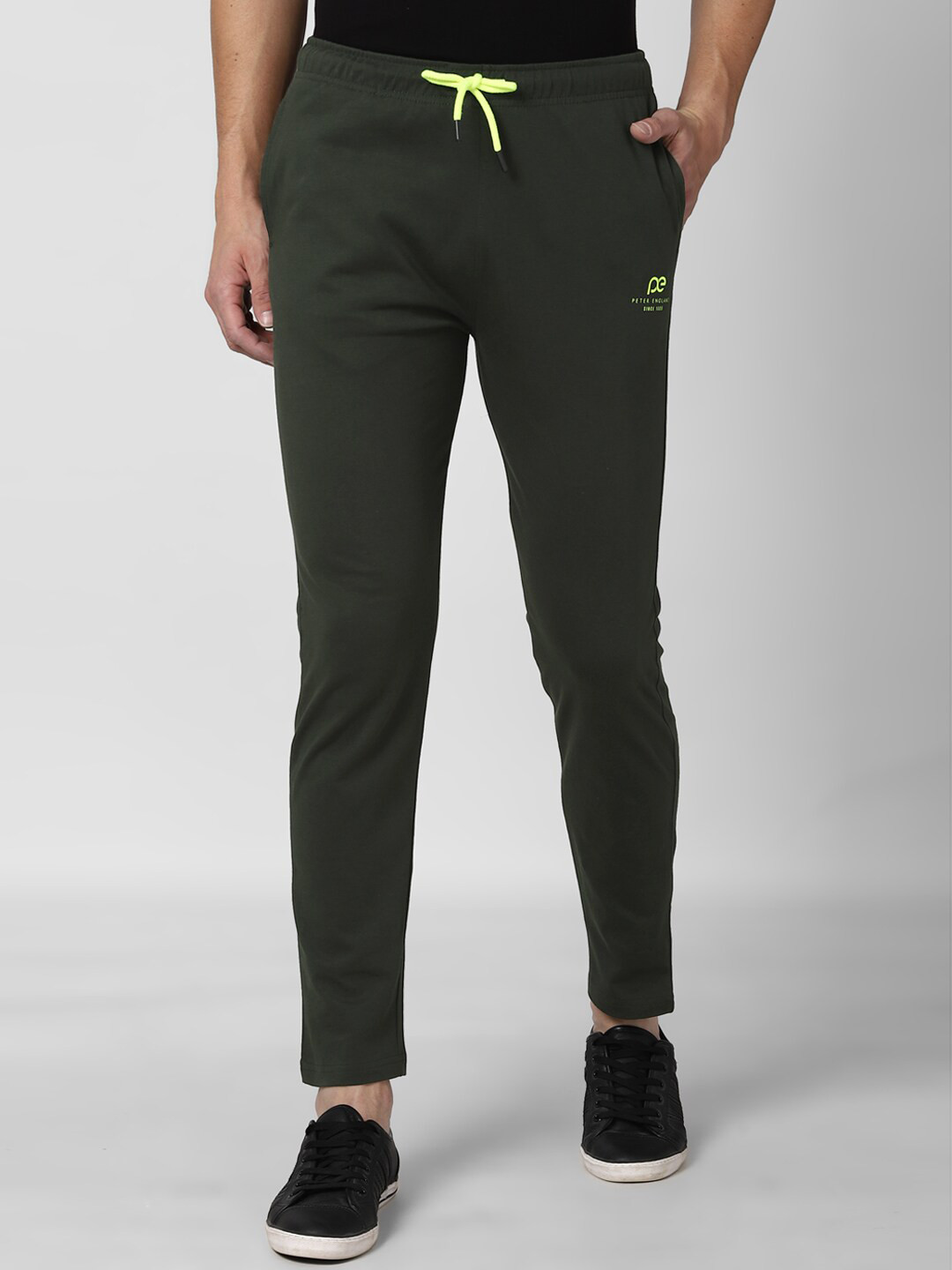 

Peter England Men Olive-Green Solid Pure Cotton Track Pants
