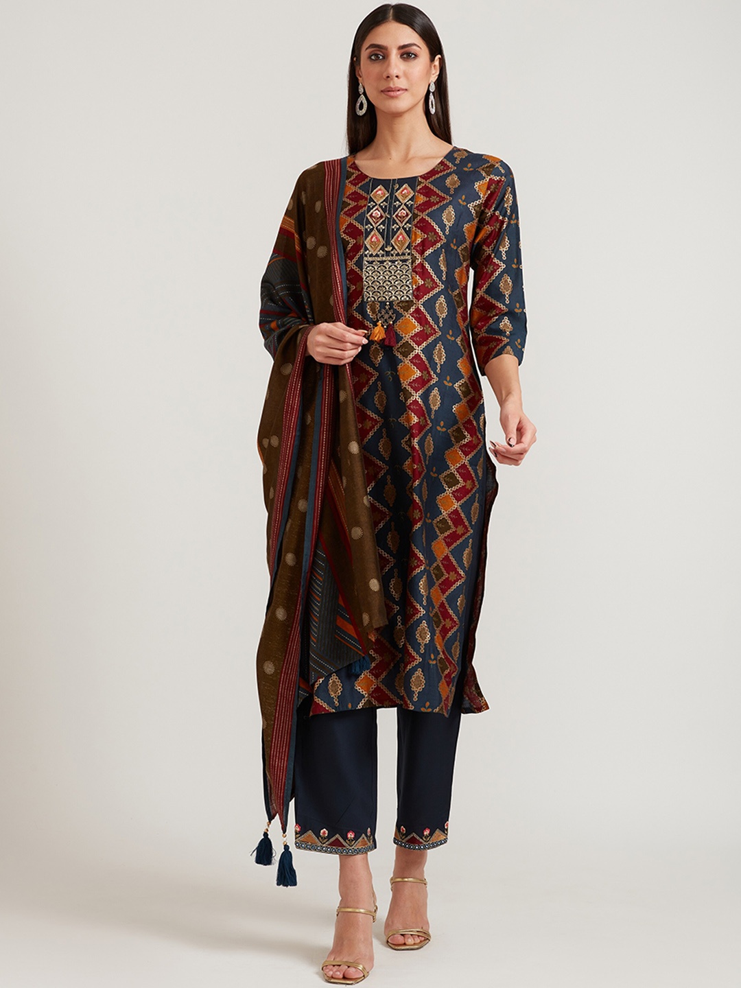 

Neerus Women Navy Blue Printed Kurta with Trousers & Dupatta