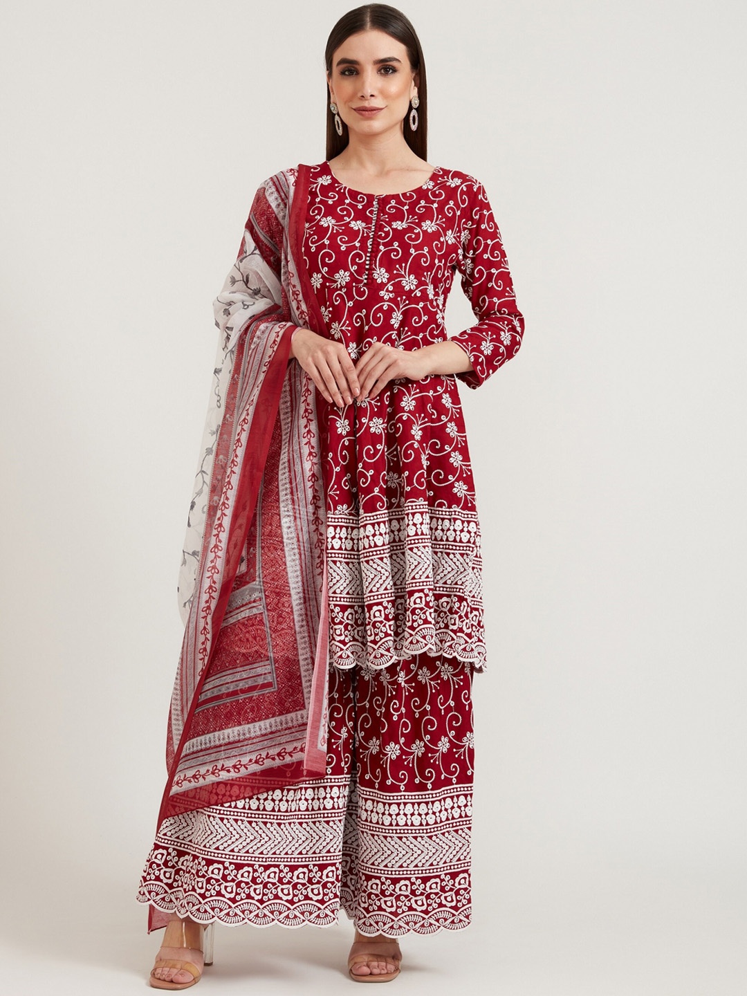 

Neerus Women Maroon Ethnic Motifs Embroidered Empire Kurta with Palazzos & With Dupatta