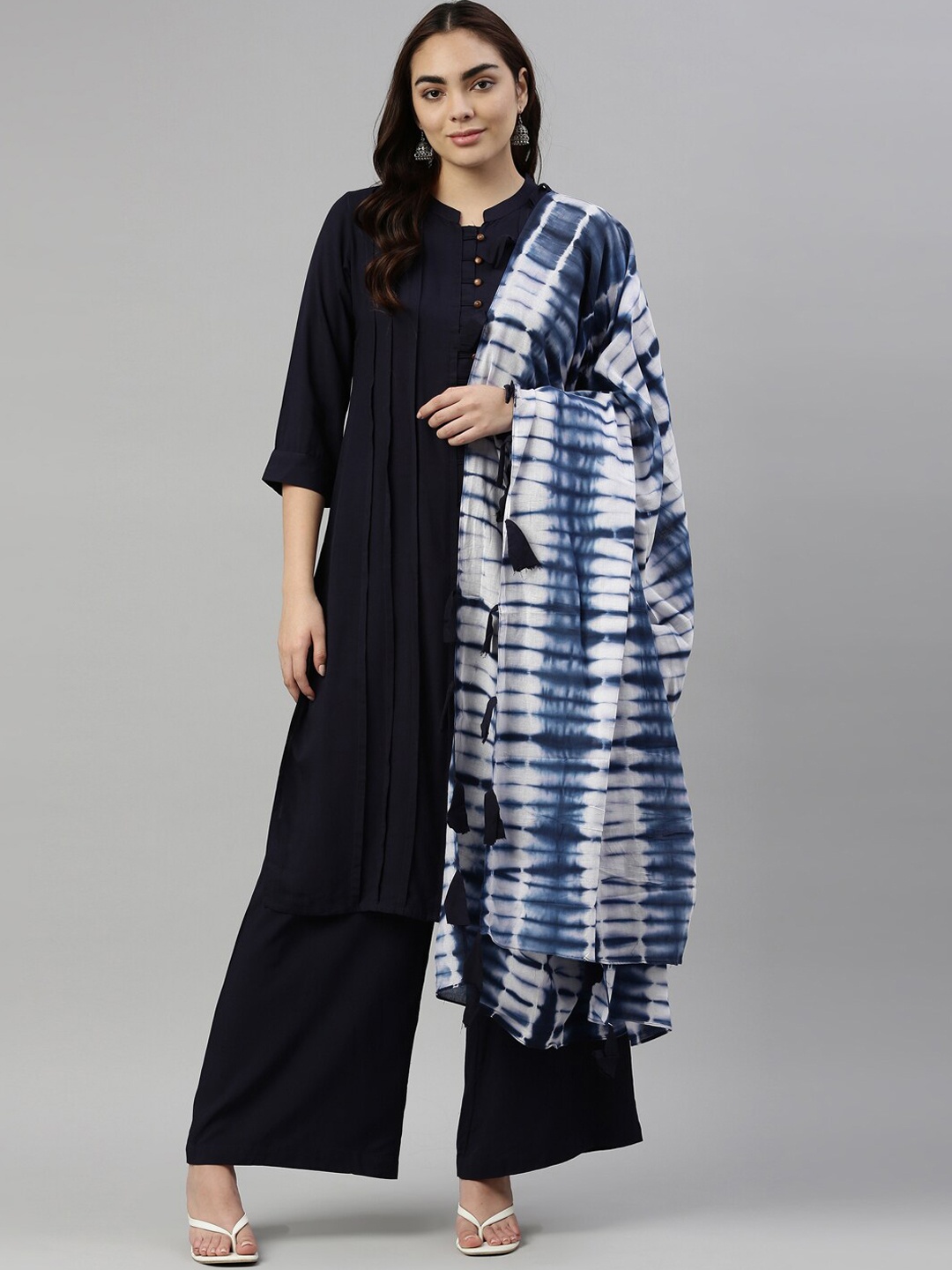 

Neerus Women Navy Blue Kurta with Palazzos & With Dupatta