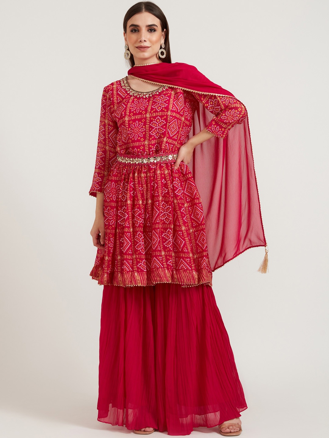 

Neerus Women Red Bandhani Printed Kurta with Sharara