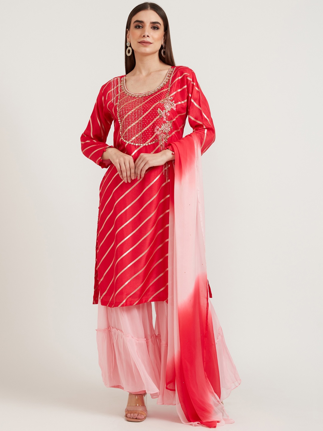 

Neerus Women Red Printed Gotta Patti Dupion Silk Kurta with Palazzos & Dupatta