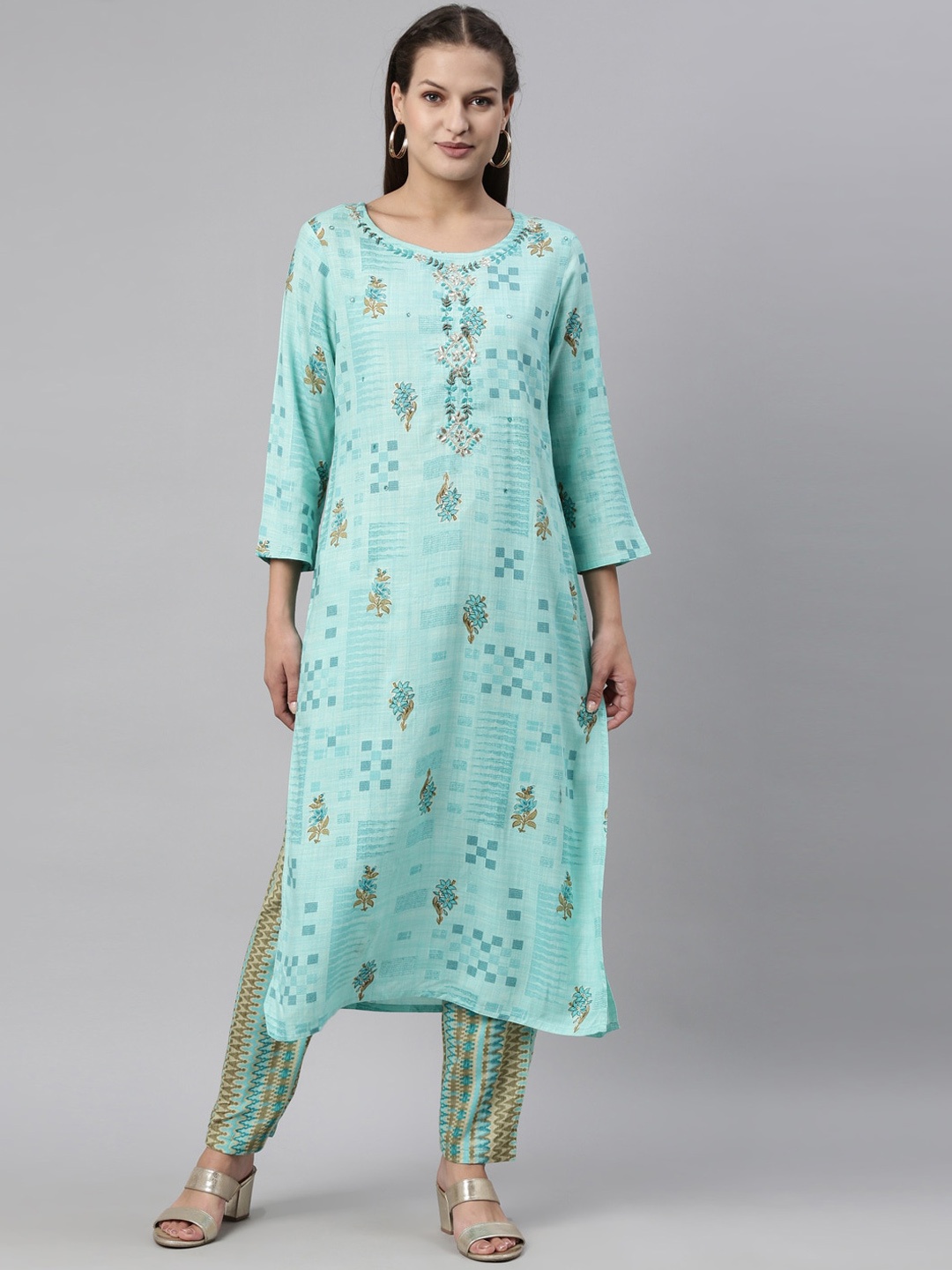 

Neerus Women Sea Green Floral Printed Kurta with Trousers