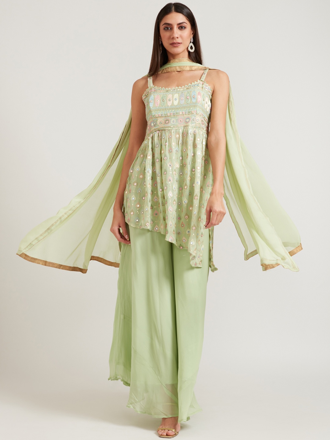 

Neerus Women Olive Green Floral Printed Mirror Work Kurta with Sharara & Dupatta