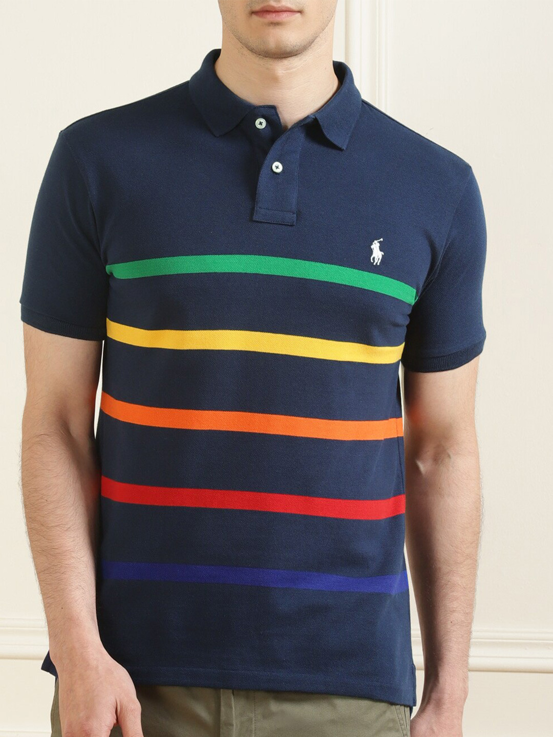 

Polo Ralph Lauren Men Navy Blue Striped Polo Collar T-shirt