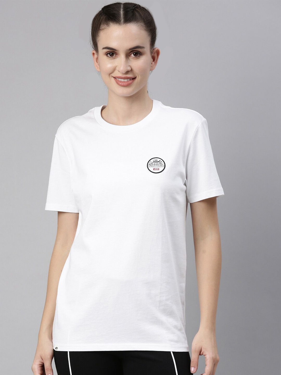 

Vans Women White Solid Cotton T-shirt