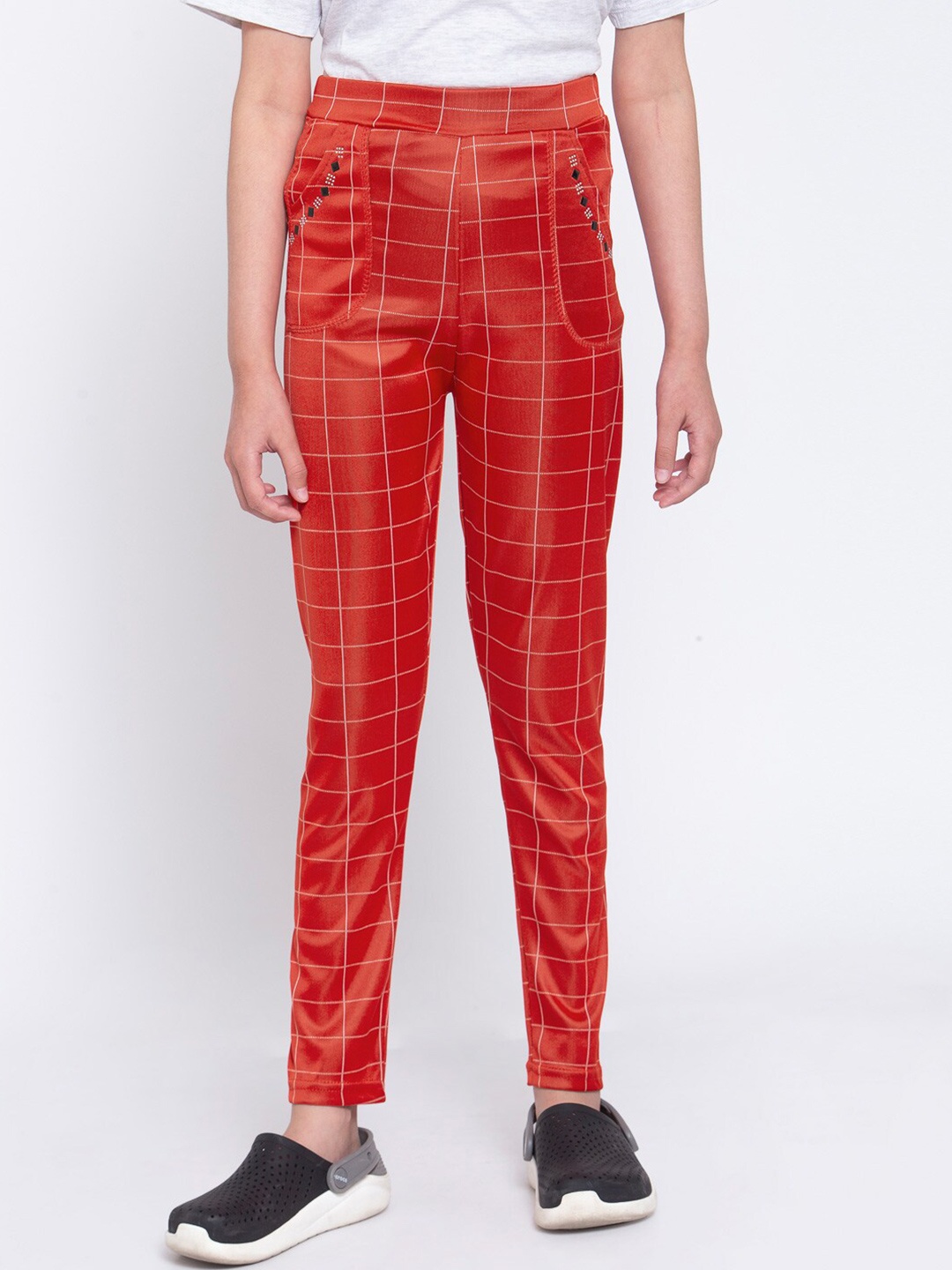 

KLOTTHE Girls Red Checked Ankle Length Slim Fit Jeggings