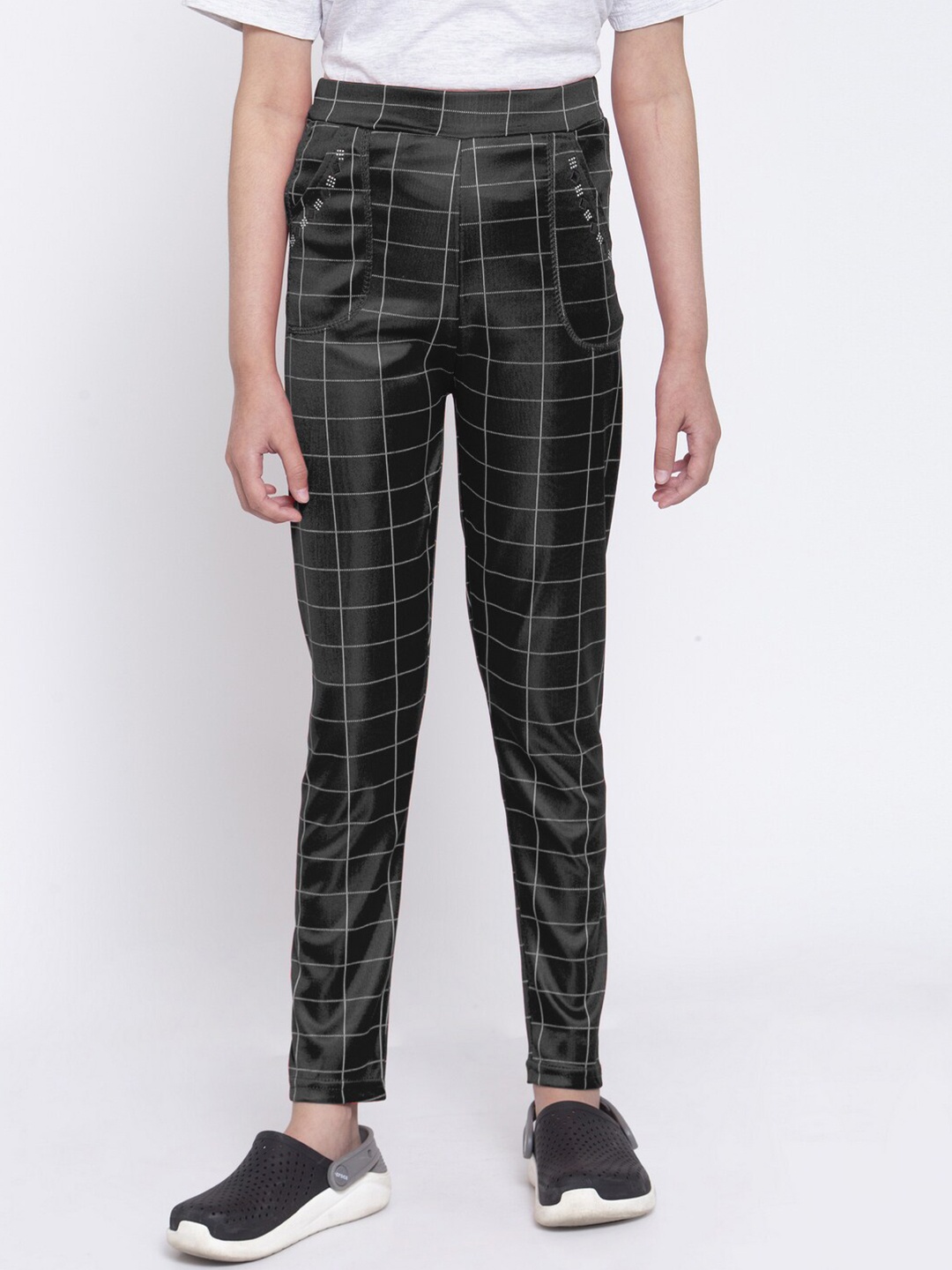 

KLOTTHE Girls Black Checked Ankle Length Slim Fit Jeggings