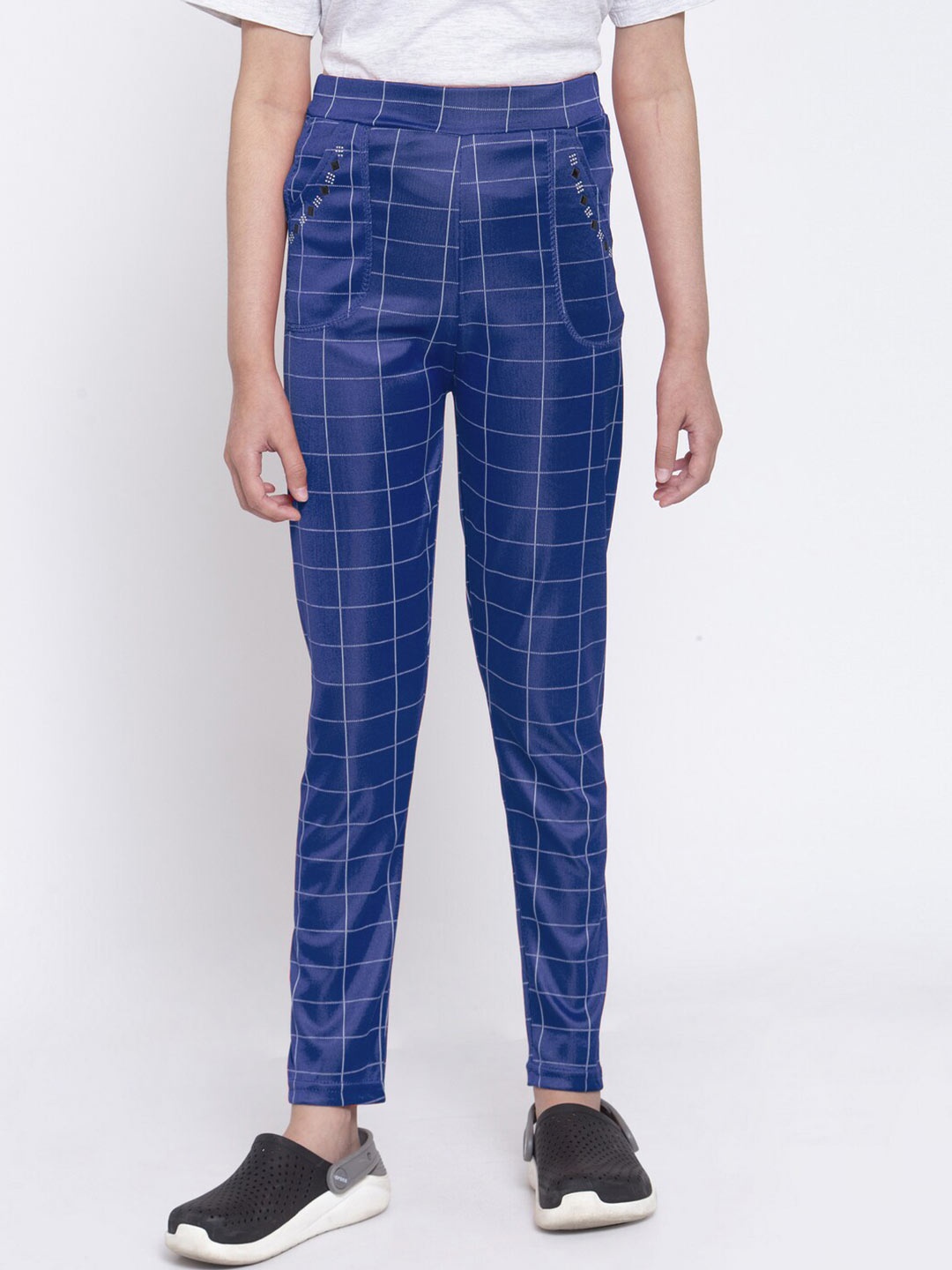 

KLOTTHE Girls Blue Checked Ankle Length Slim Fit Jeggings